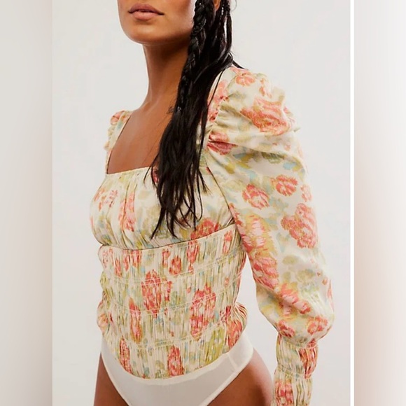 NWT FP Intimately Smock It To Me Floral Smocked Long Sleeve Bodysuit Tea Combo - Picture 1 of 7